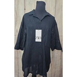 Zara Women's Black Button Down Top See Through Relaxed Fit Shirt Sz M